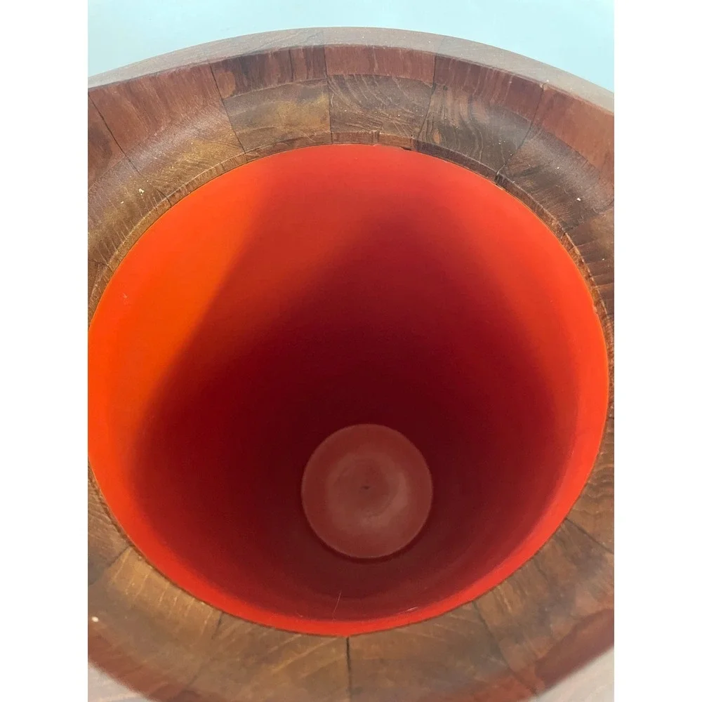 Vintage MCM Teak Wood Ice Bucket with Orange Liner Mid Century Modern Barware